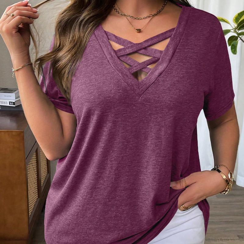 Large Size Women's V-Neck T-Shirt Solid Color Short Sleeve Sexy Top