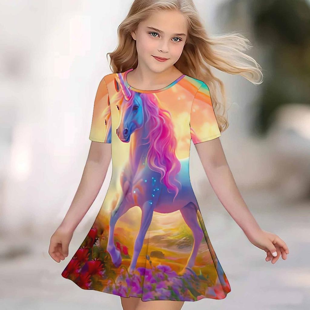 Girls 3D Print Dresses Kids Girl Party Short Sleeve Princess Dress Tank 3D  Interesting Cartoon  Print Dress