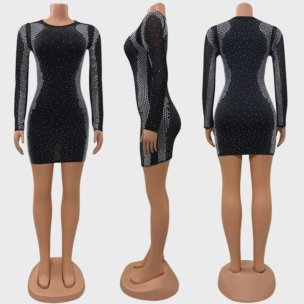 Z2205 Rochie Sexy din Plasă cu Mâneci Lungi cu Diamante Fierbinți pentru Femei pentru Toamnă și Iarnă