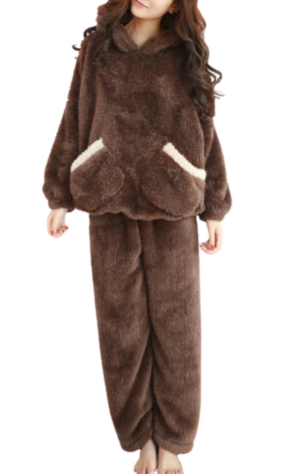 

Ririka Fluffy Animal Kigurumi Pajama Set with Bear Warm and Cute for Fall and Perfect for Adults Women s Ears, Winter, (XXL, Brown)