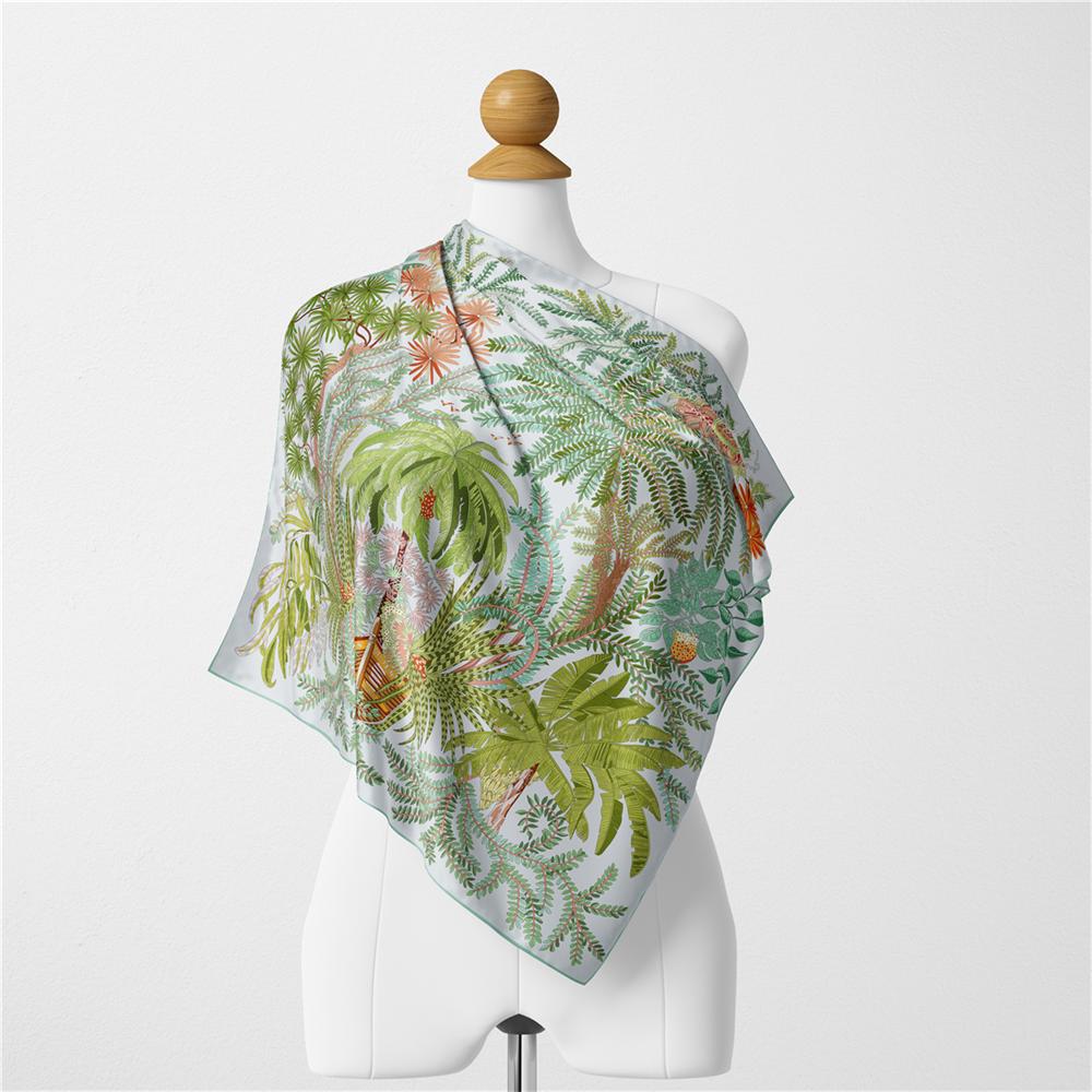 Silk Scarf Women Green Trees Print Square Scarves Wraps Bandana Small Hijab Foulards Lady Tie Headband Neckerchief