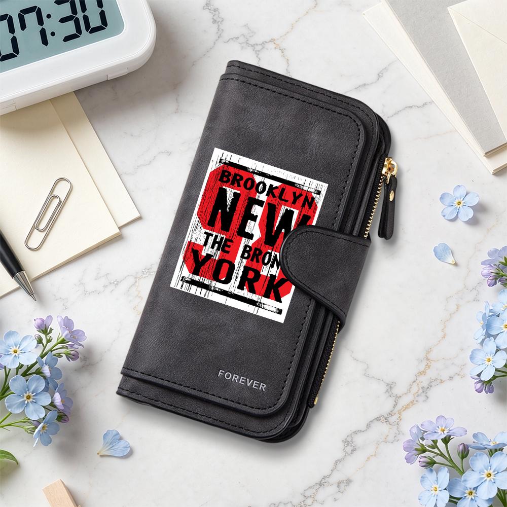 Vintage PU Leather Wallet Fashion New York Print Long Purse Casual Portable Multi Card Holder Daily Use Zipper Wallet