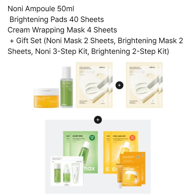 CELIMAX Noni Ampoule 50ml, Brightening Pads 40 Sheets, Cream Wrapping Mask 4 Sheets + Gift Set