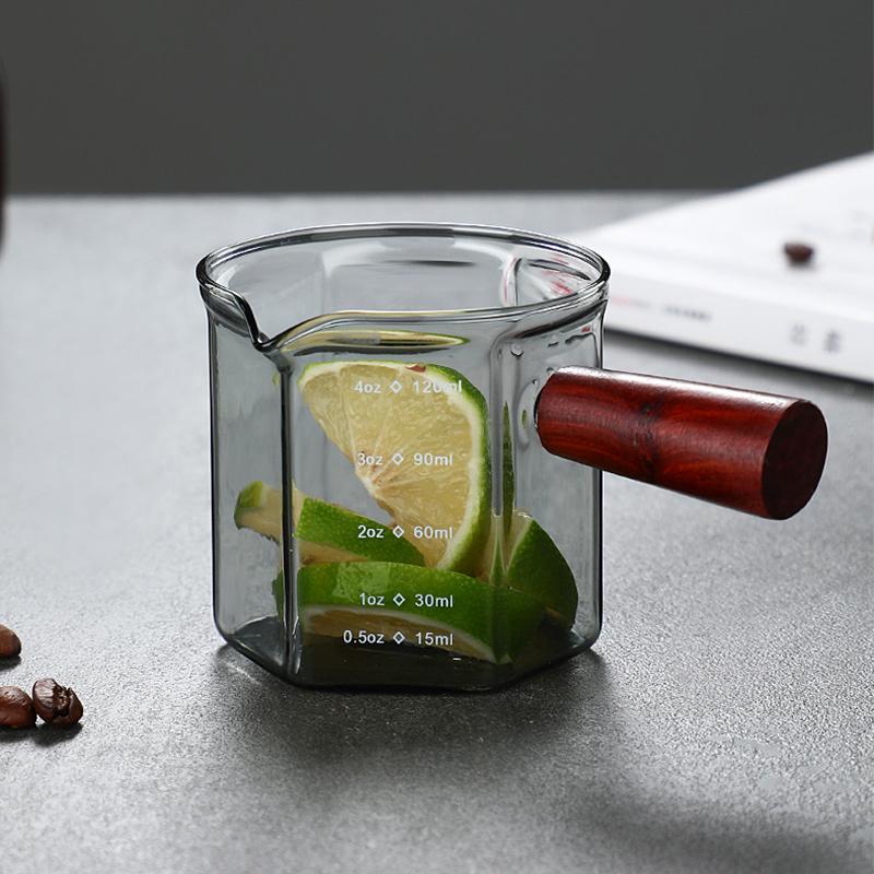 120 ml Glas Espresso Messbecher mit Holzgriff Sechseck Milchkännchen Kaffeezubehör Saucenbecher Servierkännchen Küche Zuhause Café