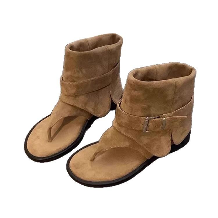 2025 New French Flip-flops Women's Flat-bottomed Cool Boots Wear Retro Flat-bottomed Temperament Sleeve Trousers Short Boots