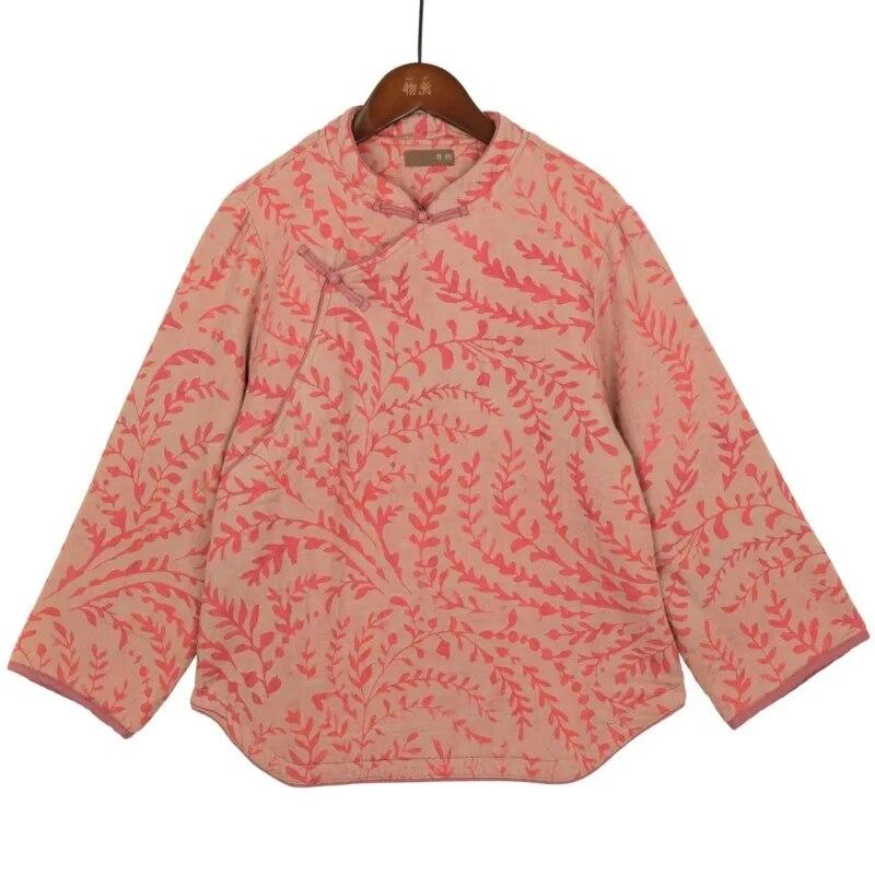 

Johnature Женские парки с винтажным принтом и цветочным принтом, зимнее пальто с длинными рукавами и пуговицами, женские парки в китайском стиле из хлопка L темно-розовый