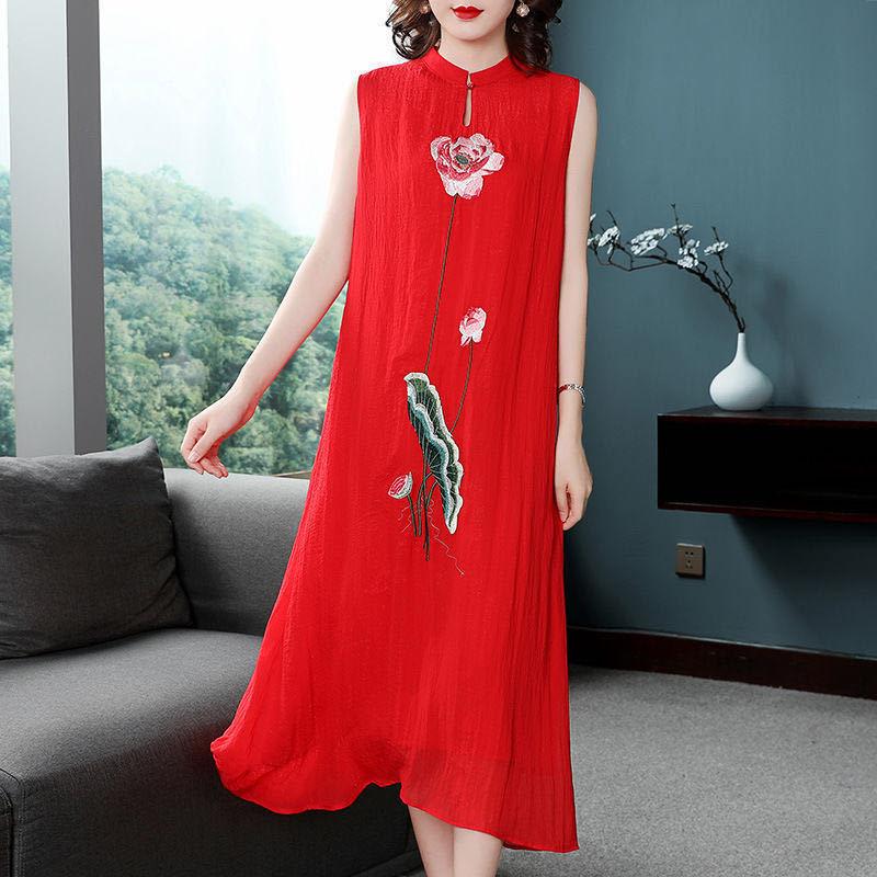 Chinese Style Woman Embroidered Cheongsam Sleeveless Vest Chiffon Dress Woman Dress Print Dress
