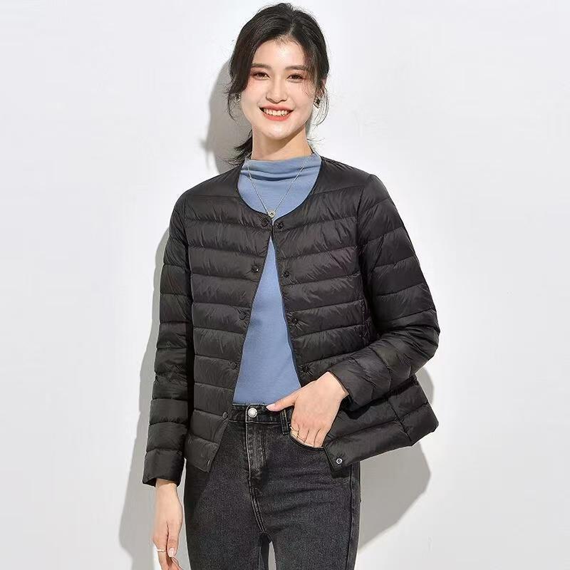 Women's 2025 Lightweight White Duck Down Ribbed Jacket - Warm Round Neck Short Coat