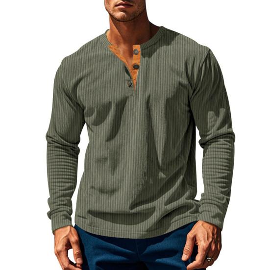 Men Long Sleeve T-Shirt Corduroy Solid Color Spring And Autumn T-Shirt Casual Henry Collar Slim Fit Tee for Daily Wear Travel Office