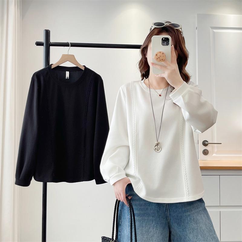 Plus Size 2026 Spring Lace Long Sleeve Round Neck T-shirt - Women's Versatile Mamba Cotton Top 805