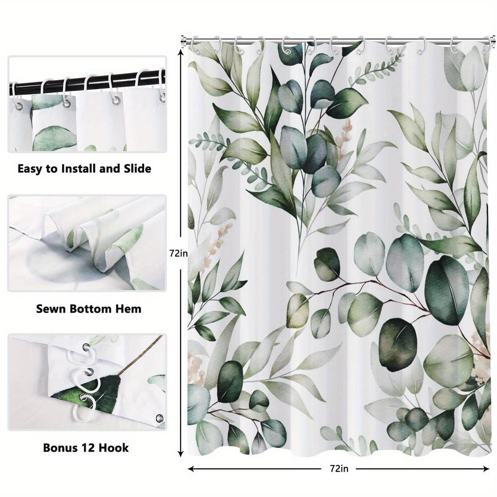 Eucalyptus Printed Waterproof Polyester Bath Drapery with Hooks, Woven, Arts-Themed, Water-Resistant, All-Season Bath Partition