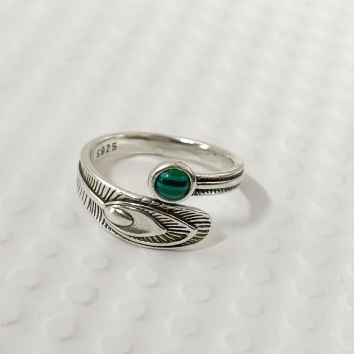 European & American Geometric Turquoise Open Ring with Retro Malachite Feather Design античный серебряного