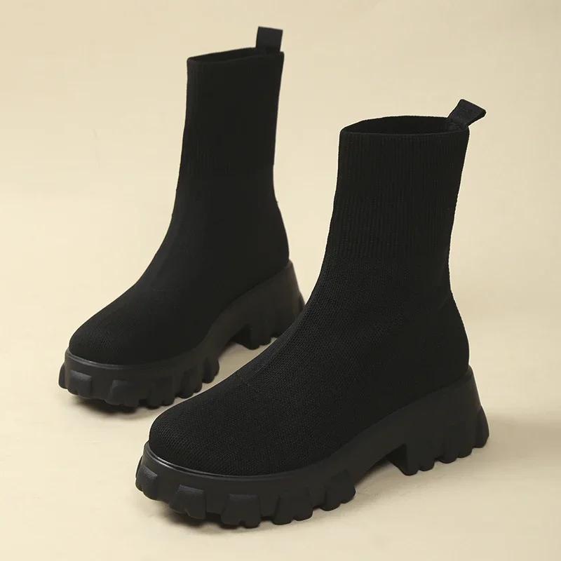 Spring Autumn New Women's Mid Calf Hoof Heels Sock Boots Slip on Round Toe Shoes for Women Ladies Breathable Platform Boots