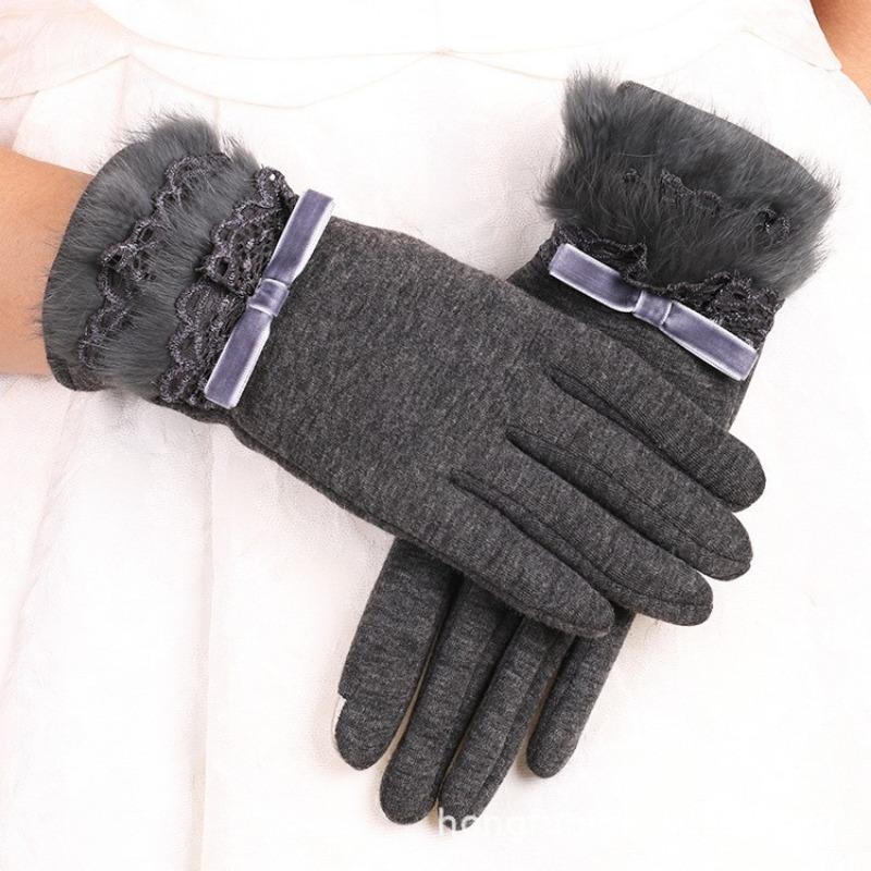 Warm gloves autumn and winter women's bow thickened fleece cold-proof outdoor riding non-inverted fleece touch screen gloves