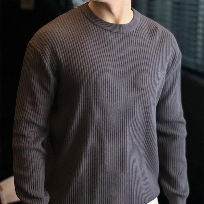 Men S Solid Color Knitted Sweater Round Neck Long Sleeve Loose Fit Pullover