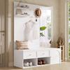 Hallway Coat Rack with Drawers, Cabinet Compartment, Floating Shelf and 5 Hooks, Including Mirror and Bench, White, 120 × 35 × 159 Cm