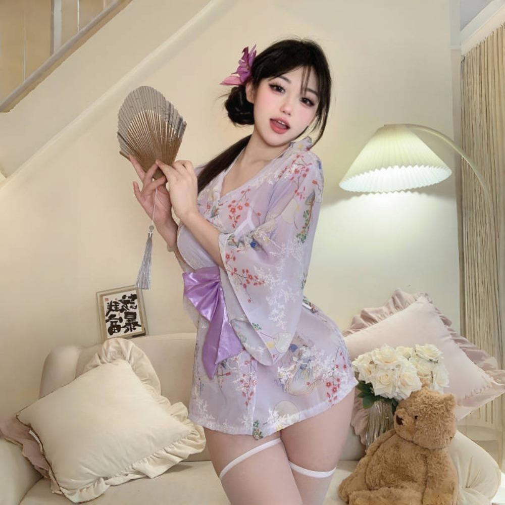 Domila Sexy Underwear Japanese Sexy Cardigan Three-point Chiffon Embroidered Kimono Hot Uniform Women's Suit