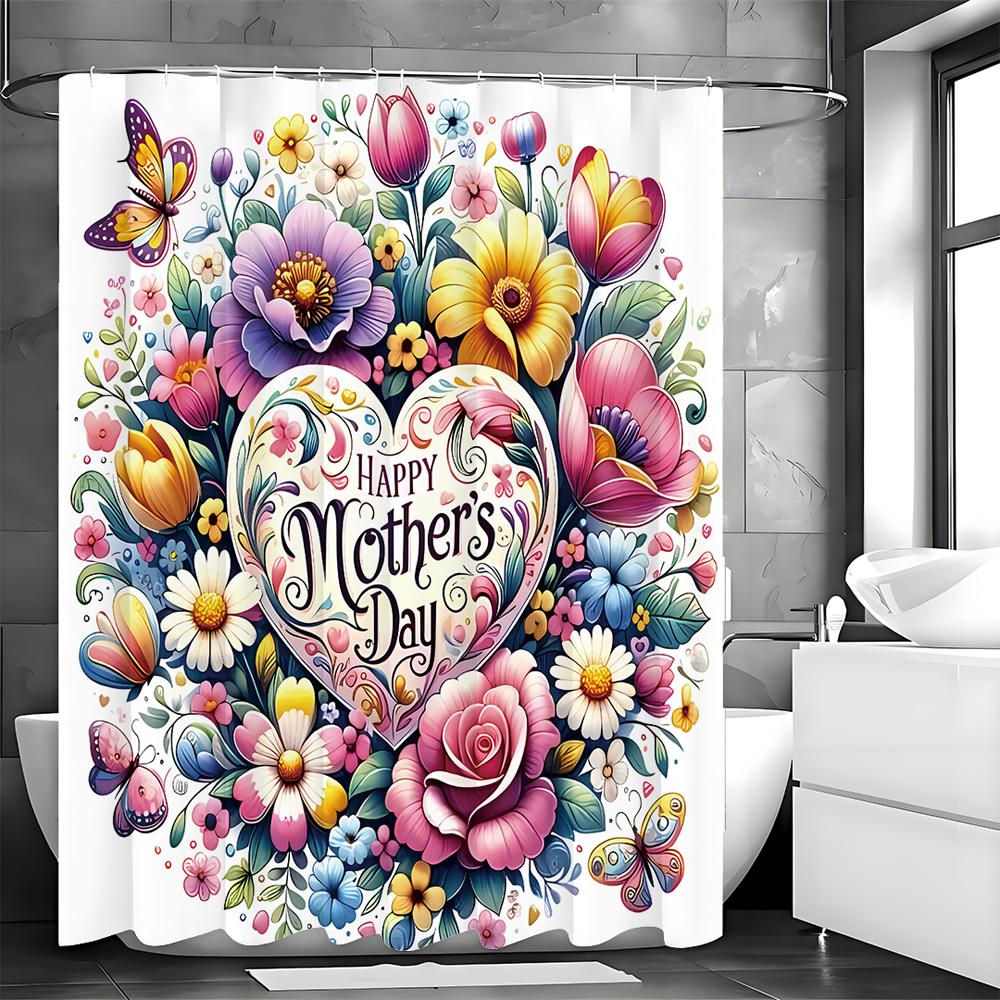 Gratulerer med morsdagen Blomsterhjerte Dusjforheng, Dekorativt dusjforheng til badet, Vanntett dusjforheng med kroker