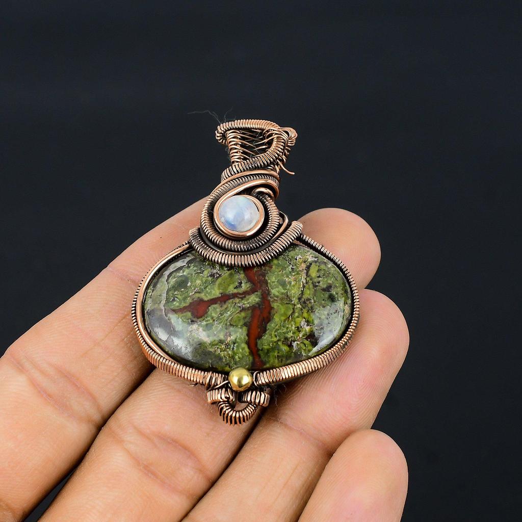 Dragon Blood Jasper & Moonstone 999 Copper Wire Wrapped Pendant, Handmade Gemstone Pendant Jewelry, Gifts For Wife Brand New Pendant