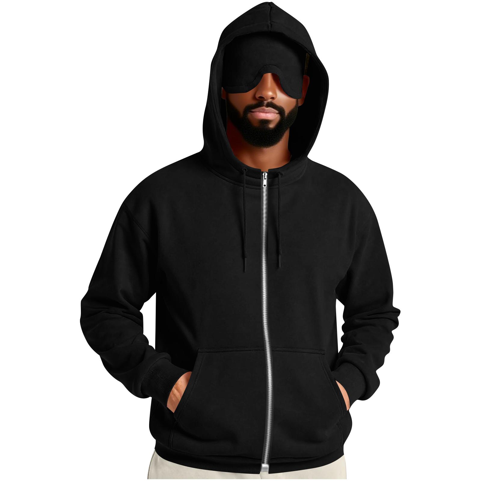 

Men s Solid Color Zipper Eye Mask Pocket Hooded Sweatshirt Jacket L