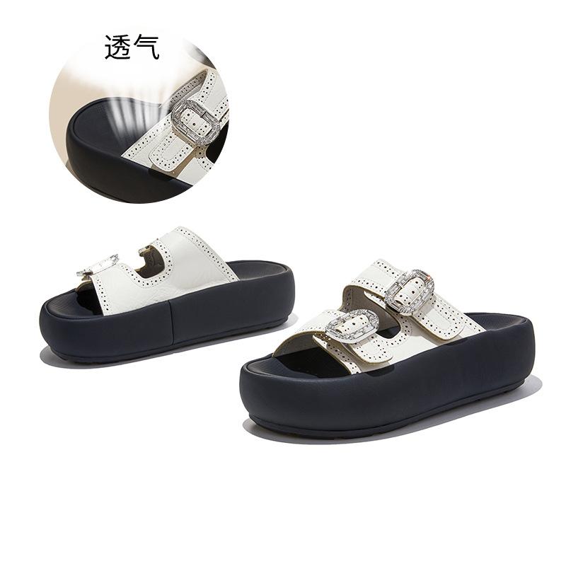 

Suction film bottom double buckle slippers women s summer new thick bottom outer wear heightening sandals casual versatile beach half mop 40 бежевий