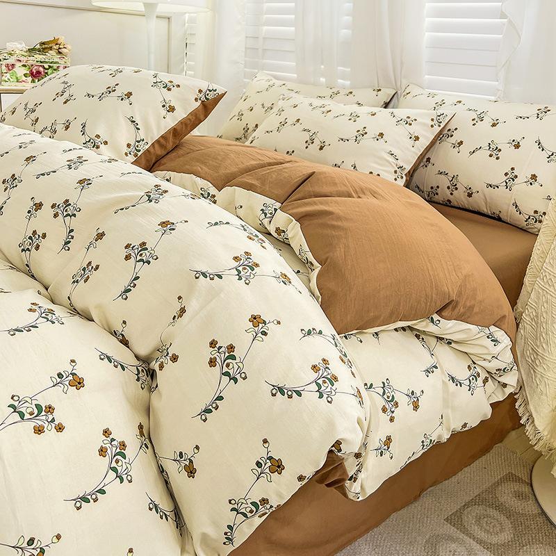 Washed Cotton 4Pcs Set, Double-Layer Yarn Quilt Cover, Dormitory Bed Sheet Three-Piece Set, Household Bedding