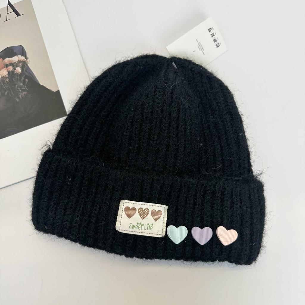 Color Love Cloth Label Knitted Hat Women, Soft Waxy Vertical Curled Edge Cold Hat, Sweet Wool Hat In Autumn and Winter