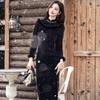 Womens Winter Warm Chinese-Inspired Long Sleeve Cheongsam Dress Black Fleece-Lined Retro Style
