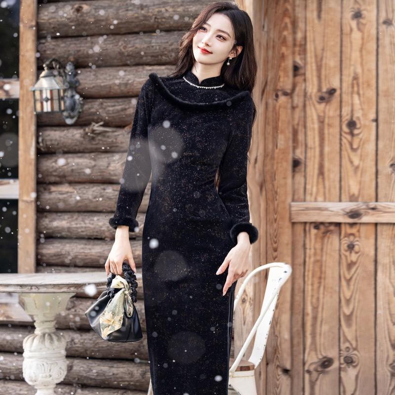 Womens Winter Warm Chinese-Inspired Long Sleeve Cheongsam Dress Black Fleece-Lined Retro Style