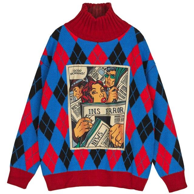 Vintage Plaid Women Sweater Autumn Cartoon Pattern Fashion Long Sleeves  Knitted High Collar Baggy Female Tops Pullover Sweater