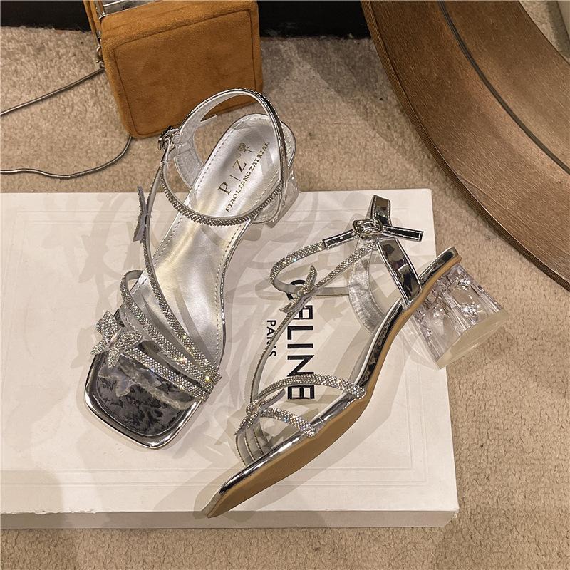 

Крутые женские тапочки на толстом каблуке с кристаллами, интернет-знаменитости, босоножки с открытым носком и толстым каблуком, женские новые босоножки на высоком каблуке, женские 39 серебряный