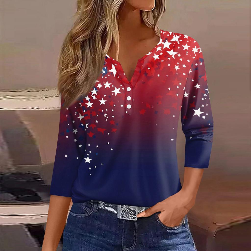Women's T Shirt Independence Day Print Button 3/4 Sleeve Daily Weekend Fashion Basic V- Neck Regular Top