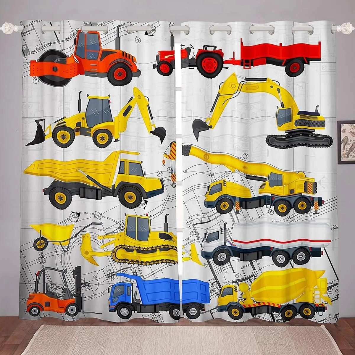 

2 шт. занавески на окна грузовиков с мультяшными машинками, шторы с люверсами для экскаваторов, тракторов, мальчиков, шторы на строительную тематику для спальни W60H60(CM)x2pcs&Rod Pocket