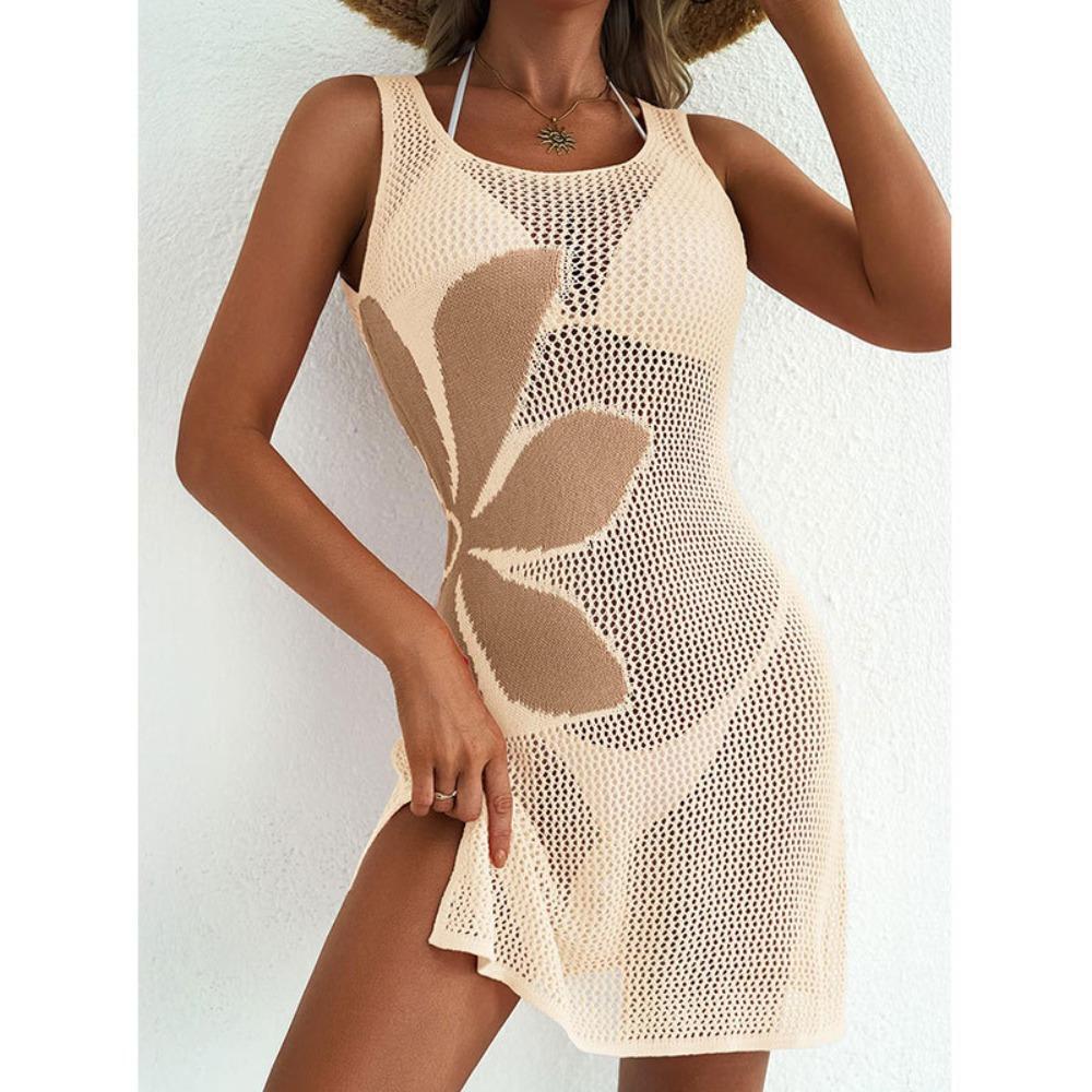 Women's Sleeveless U‑Neck Knit Mini Dress Regular Fit Beach Style Floral Print Cover Up