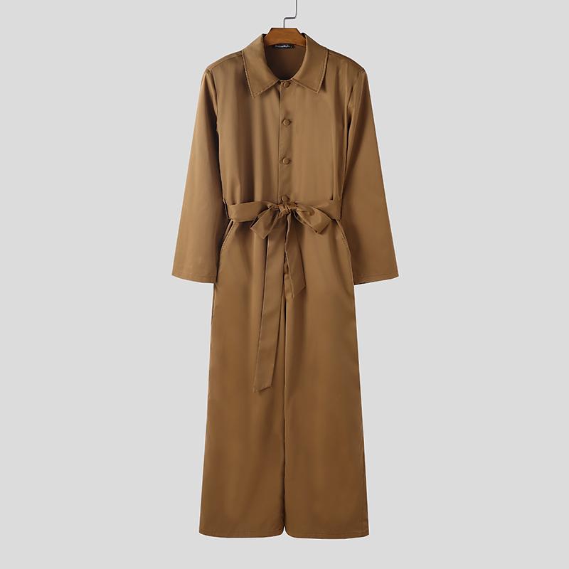INCERUN Men Long Sleeve Buttons Bandage Jumpsuit Long Rompers Overalls