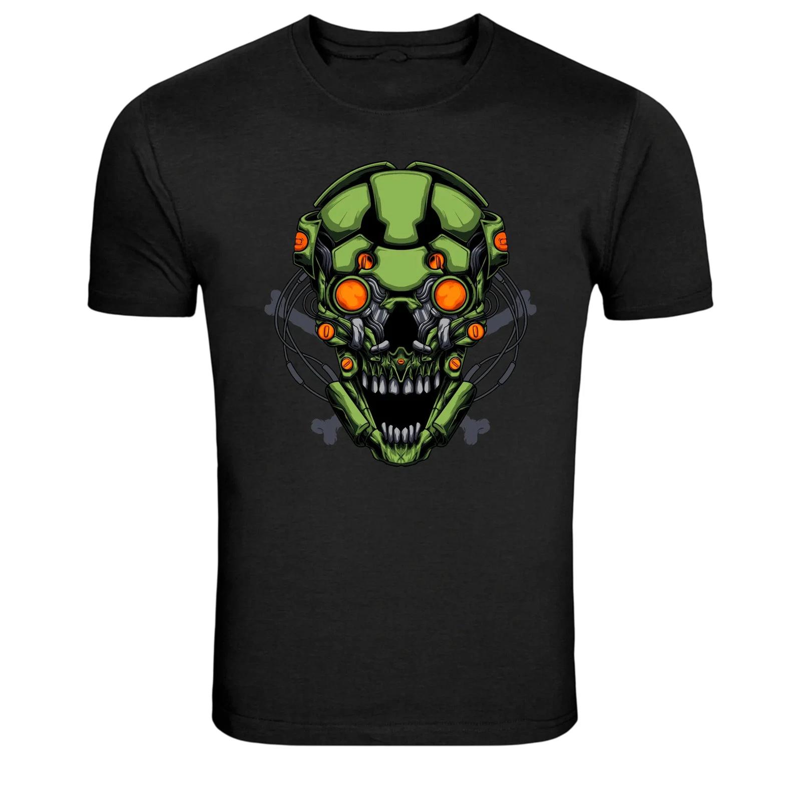 Cyber Skull Robot Futuristic Green Skull Graphic T-Shirt M