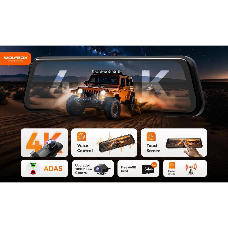WOLFBOX M40 Dash Cam 4K+1080P With Voice Control ADAS Built in 5GHZ WI-FI and GPS Video Recorder Front and Rear Dash Camera