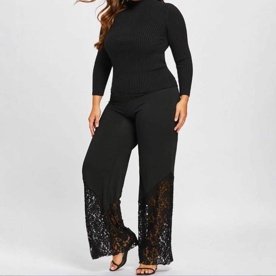 Plus Size Women Black Lace Pants Wide Leg Loose Sports Leggings