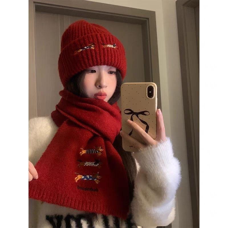 Niedlicher Welpe Neu Gestrickter Drei Dackel Bestickter Woll-Wollschal für Damen im Herbst und Winter Weich und Vielseitig