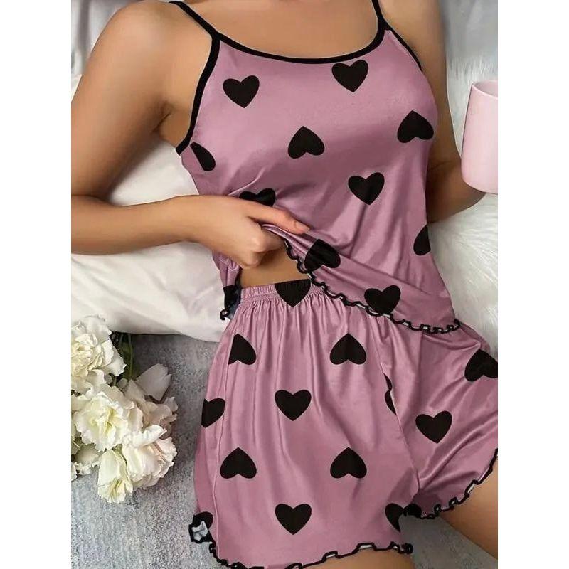 

Strap Printed Shorts Lace Pajamas Set Sling Print Shorts Lace Pajamas Sets Black L