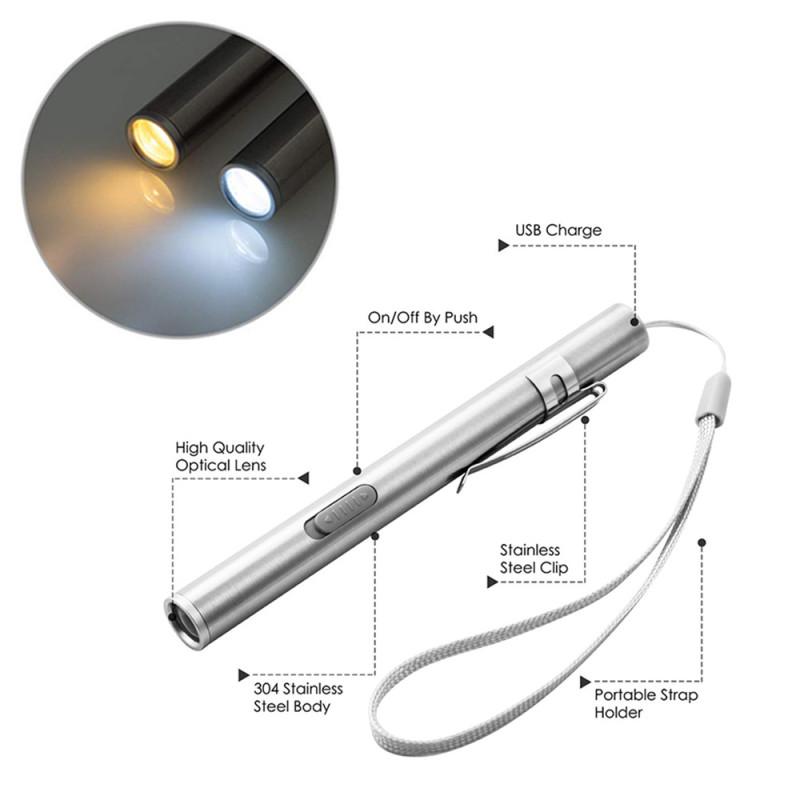 Stainless Steel Highlight Pen Shape USB Charging Mini LED Lithium Battery Flashlight