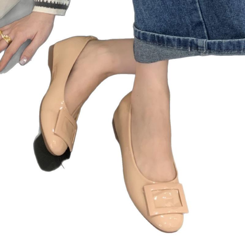 Nude Square Buckle Light Mouth Single Shoes Women's 2025 Summer New French Round Head Soft Sole Flats