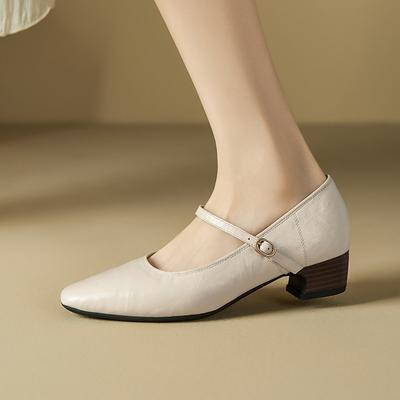 The First Layer of Sheepskin Mary Jane Women's Shoes, the New One-word with Thick Heels, Small Leather Shoes, Genuine Leather Single Shoes.
