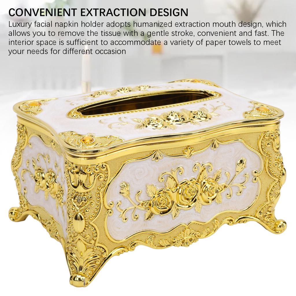 Tissue Box Cover Holder Luxury Facial Napkin Paper Towel Organizer Dining Room Ornaments Rose Pattern Gold White
