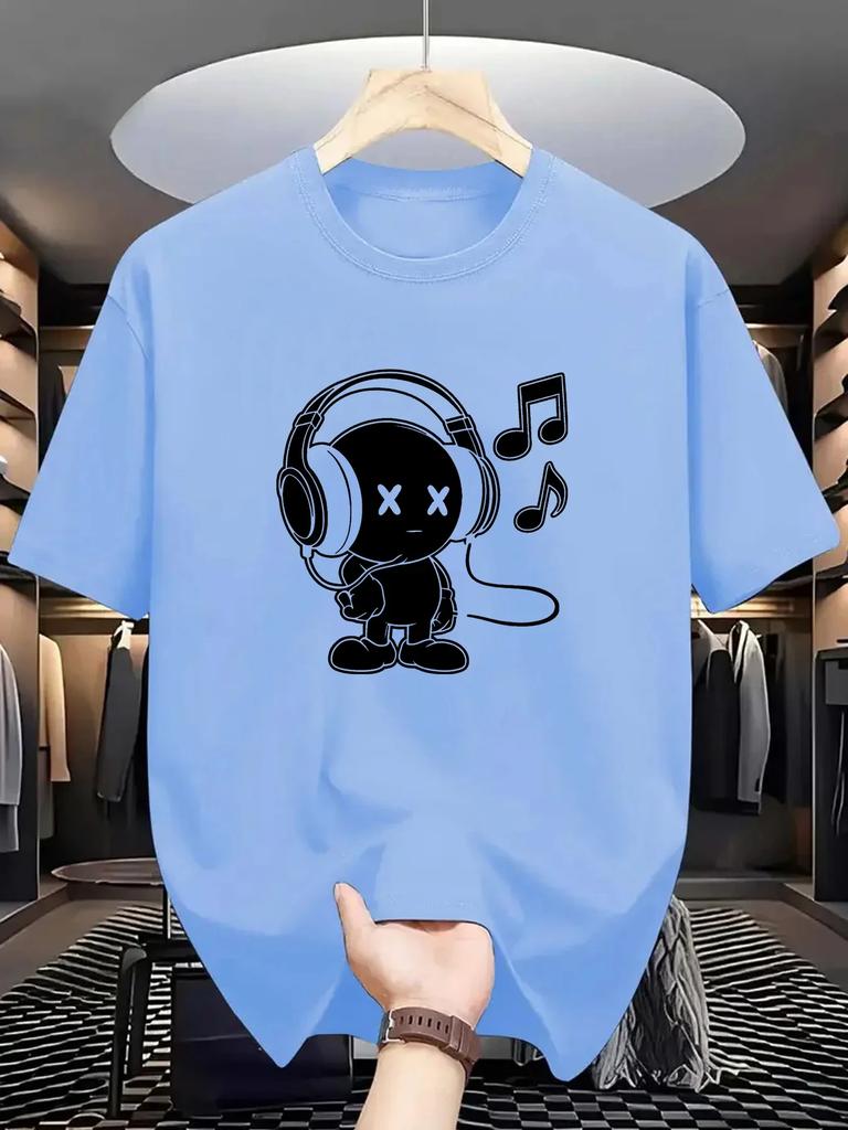Summer Men's 100_ Cotton Casual Loose Fit Plus Size Music Themed Printed Comfortable Sports Round Neck Short Sleeved T-shirt Top