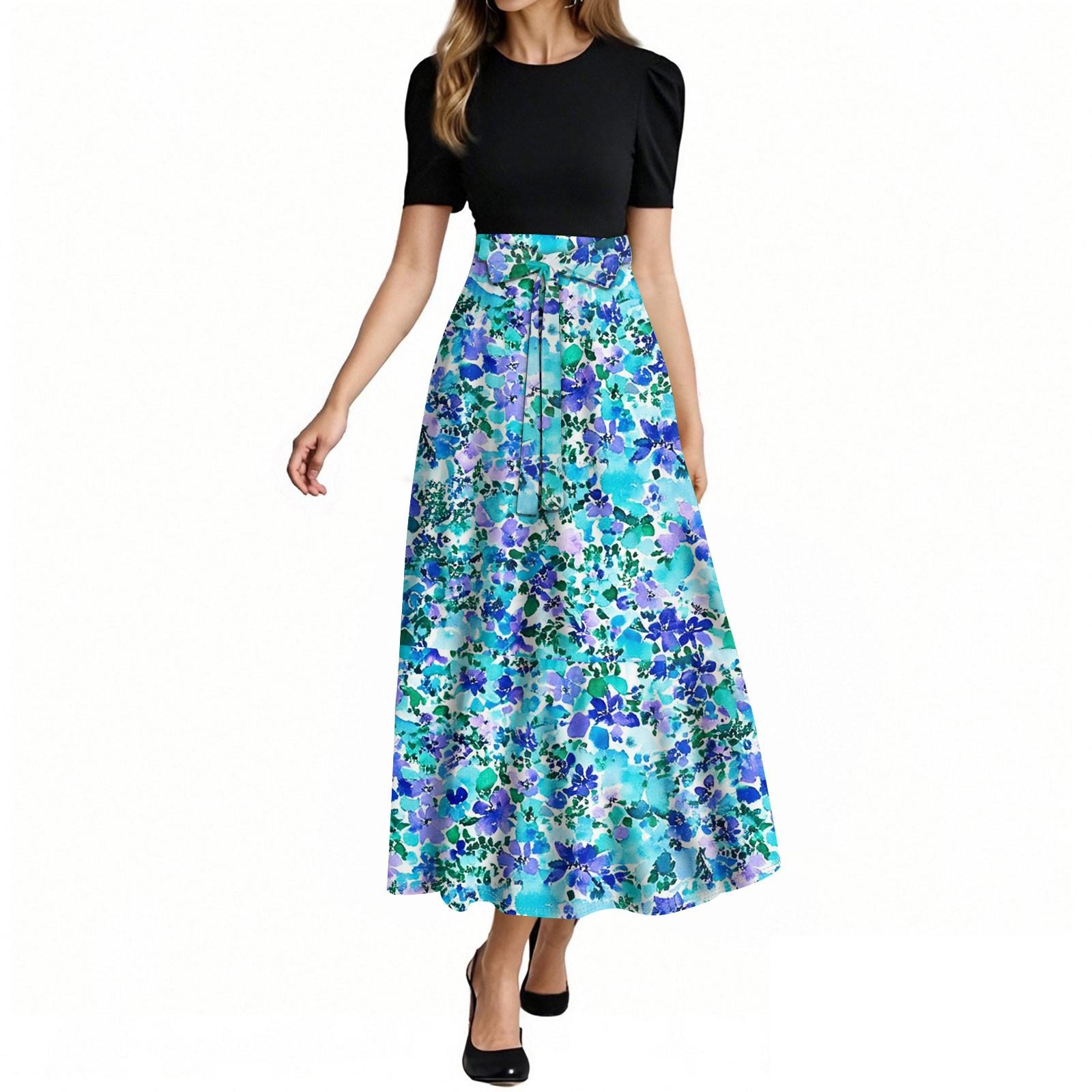 

Women s Fashion Casual Belt Short Sleeve Round Neck Floral Stitching Elegant Temperament Dress L синий