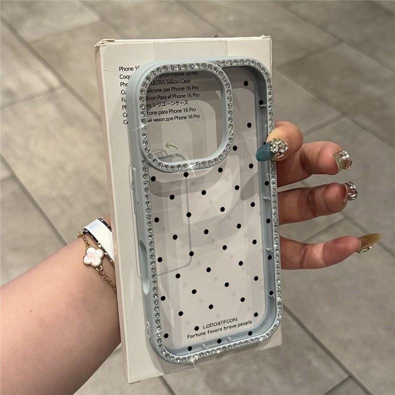 Glänzende Polka-Dot iPhone 17 Pro Max Hülle im koreanischen Stil mit Strasssteinen