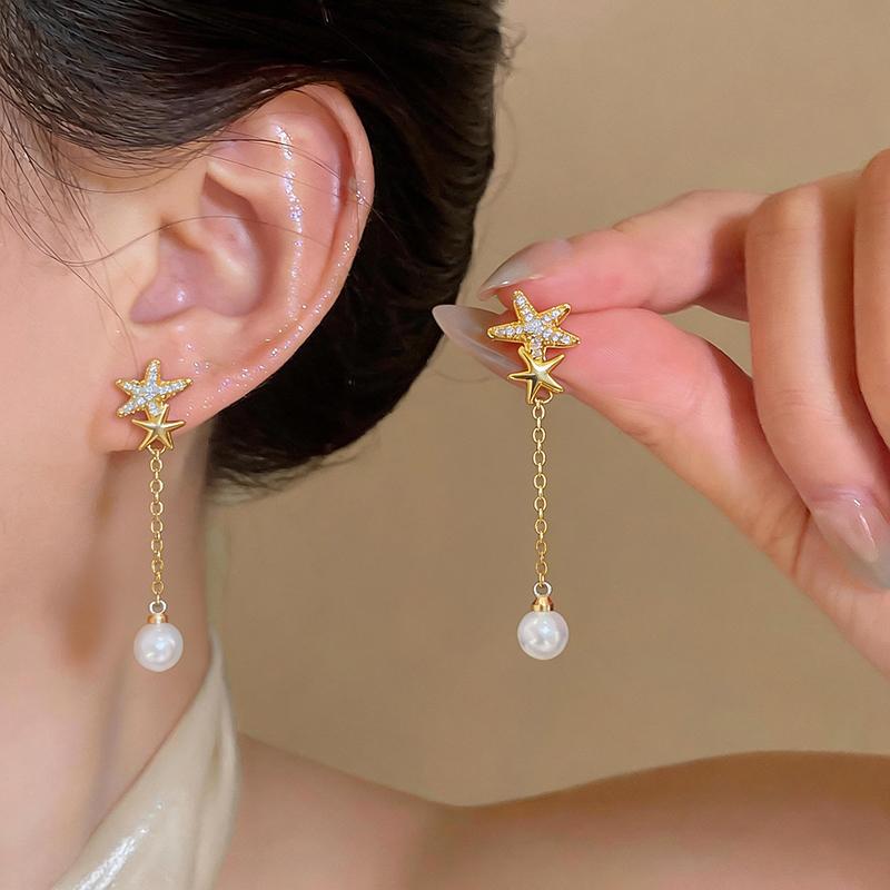 New Elegent Rhinestone Star Zircon Earrings for Women Long Tassel Chain Round Pearl Drop Earrings Luxury Shiny Y2K Jewelry Gifts