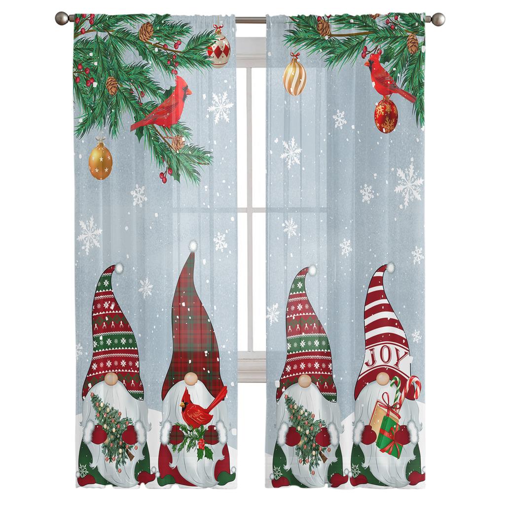 Weihnachtsfenstervorhang mit Schneeflocke, Gnom, Rotkehlchen, Tüllvorhang, transparente Volants, Vorhänge für Wohnzimmer, Heimdekoration, Drape Panel
