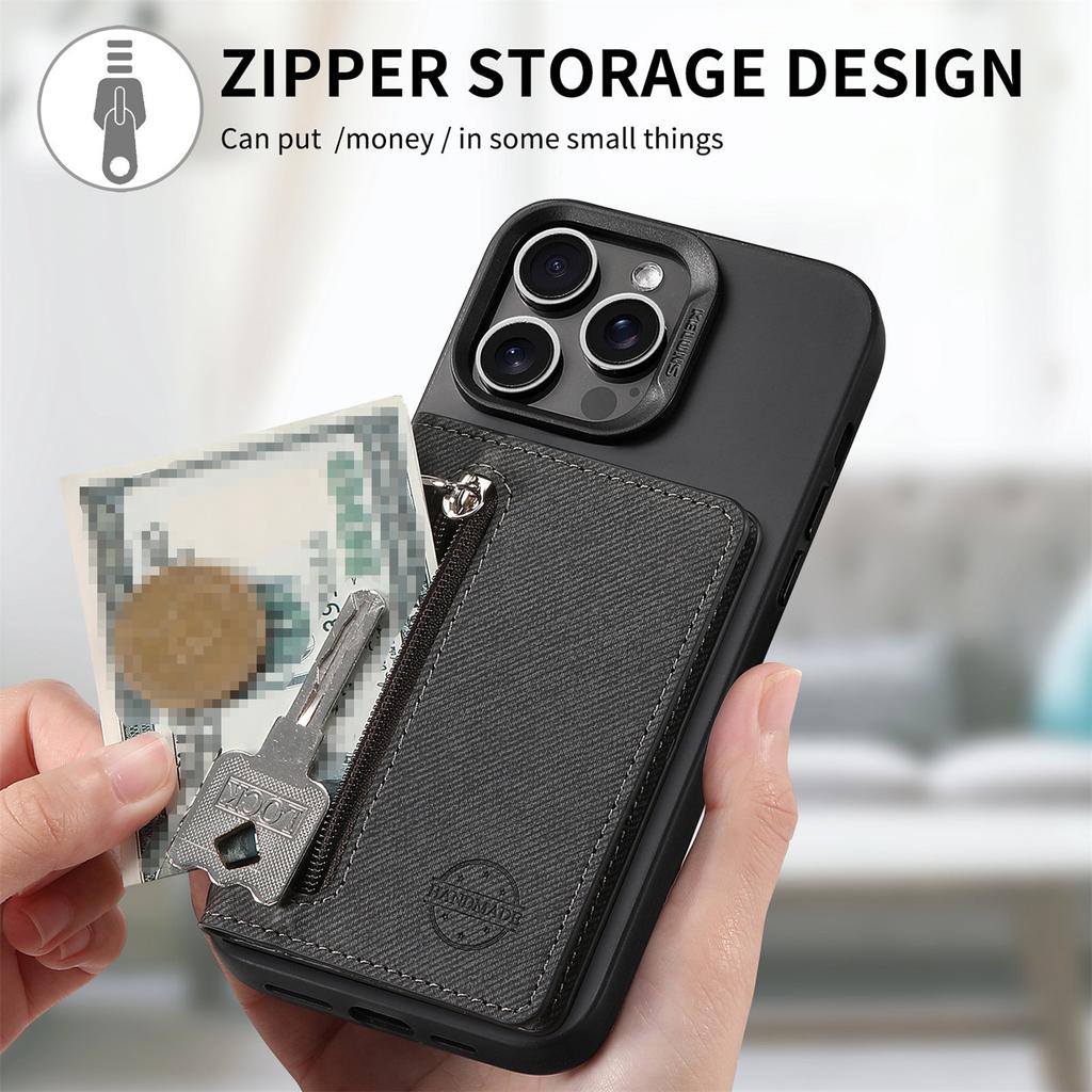 Mobile Phone Case Card Holder With PU Leather Back Sticker Card Bag Portable Zipper Wallet Stand For iPhone 16 Pro Max 15 14 13